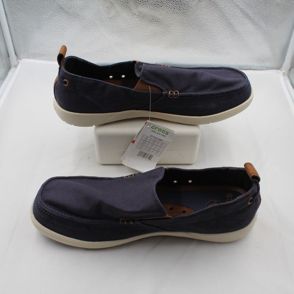 Crocs Walu SYN Men Size 12 Casual Canvas Comfort Slip On Loafers Navy Blue Brown
